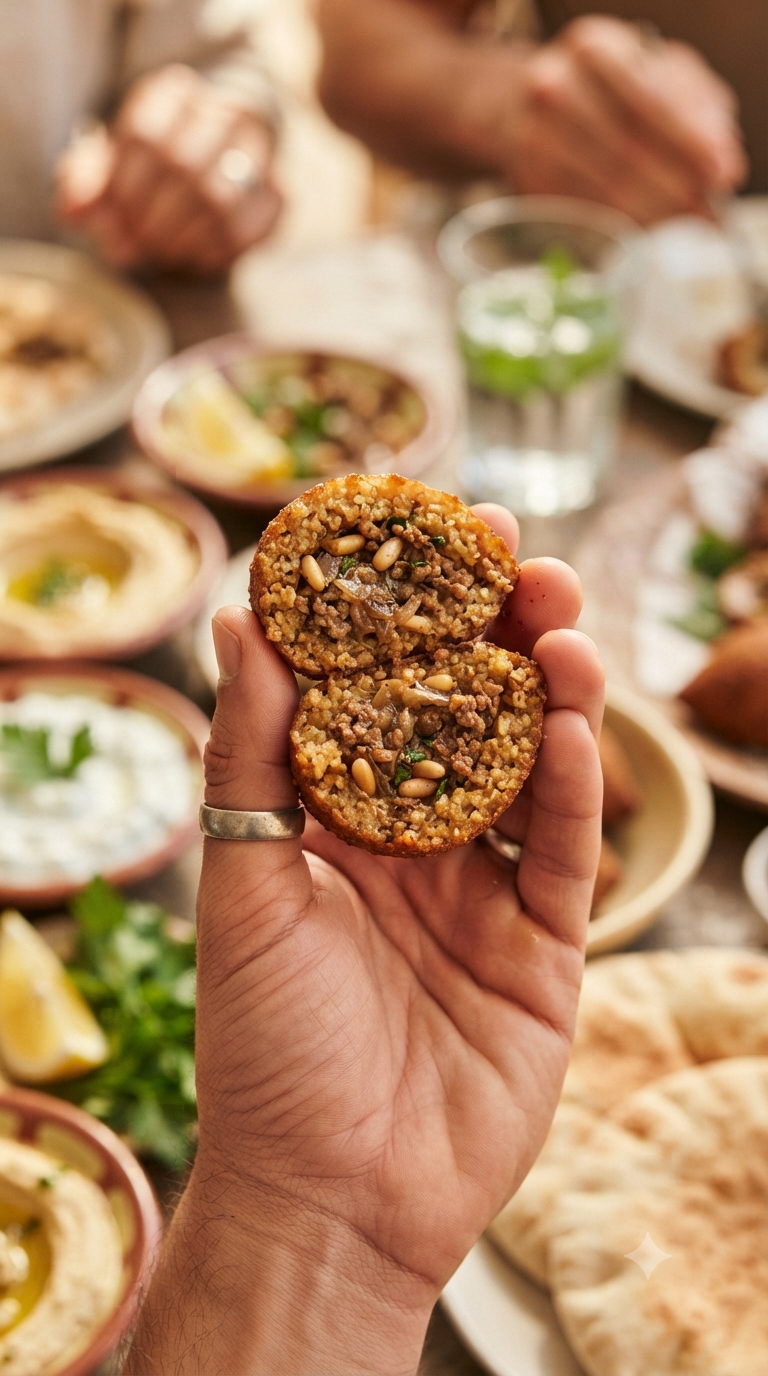 Main tenant un kibbeh fraîchement frit et doré, coupé en deux révélant la farce à la viande et aux pignons