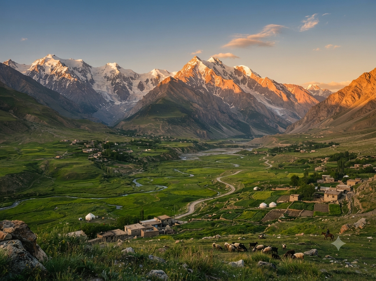 Montagnes du Pamir avec sommets enneigés et vallées verdoyantes