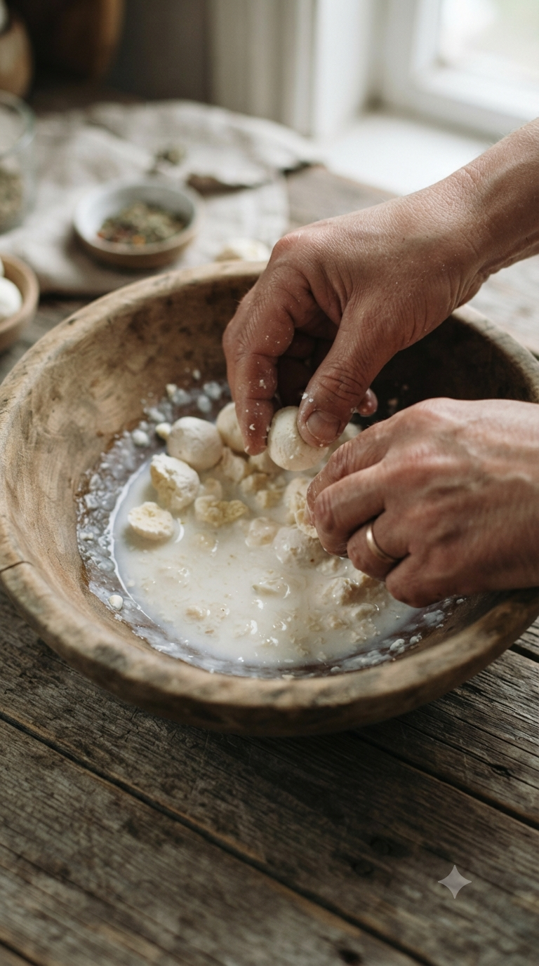 Mains délayant du qurut séché dans un peu d'eau pour former une sauce blanche onctueuse