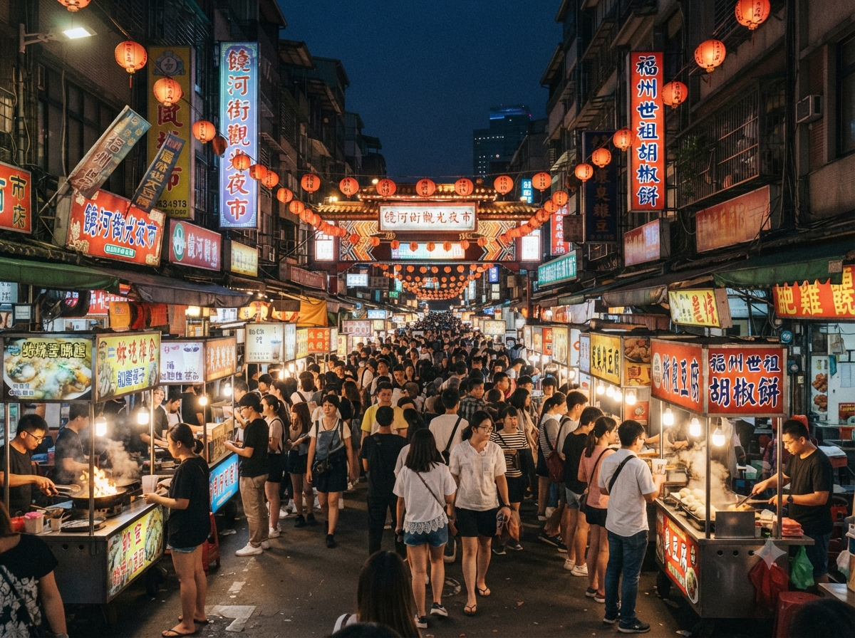 Marché de nuit animé de Taipei avec lanternes et étals colorés