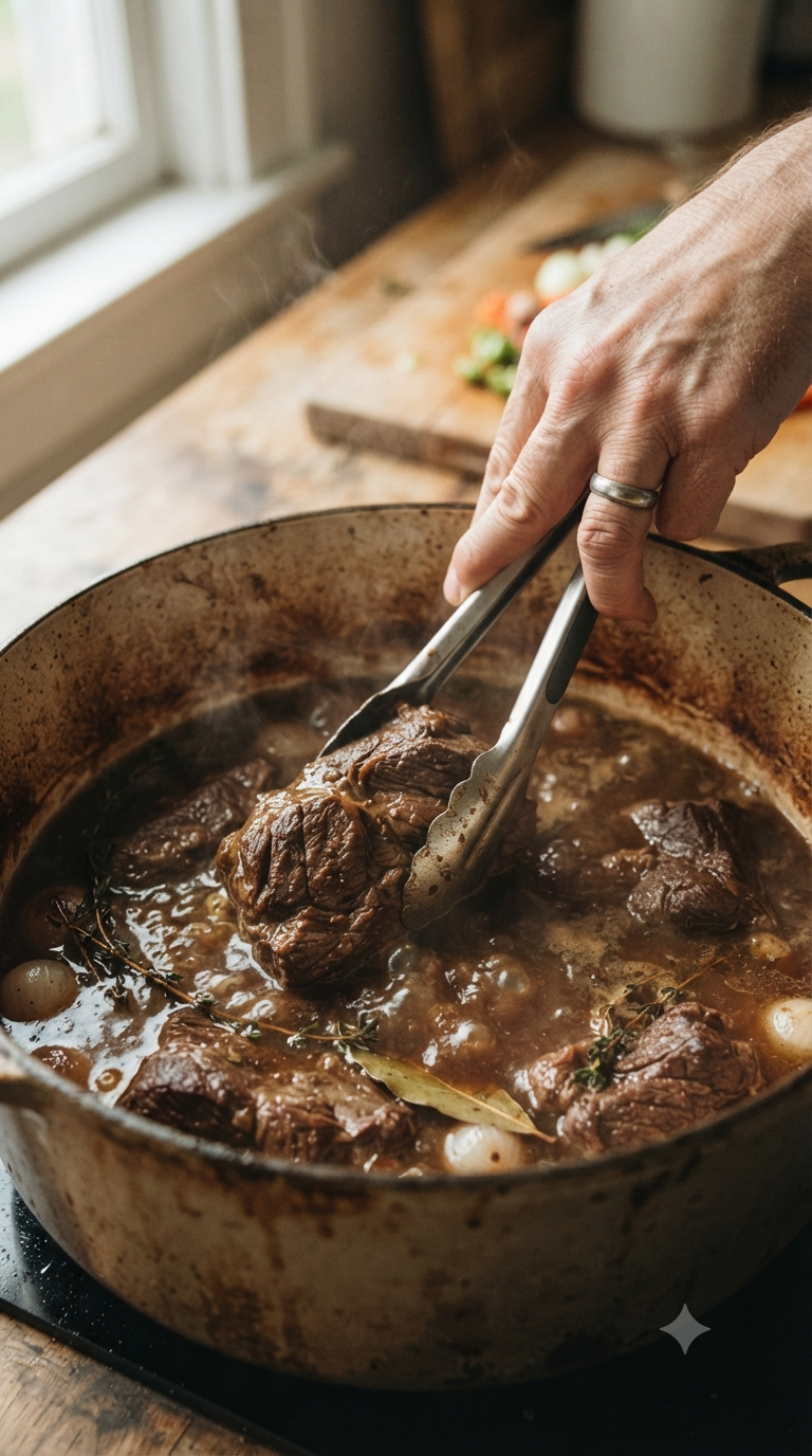 Main retournant des morceaux de bœuf braisé dans un bouillon brun mijotant