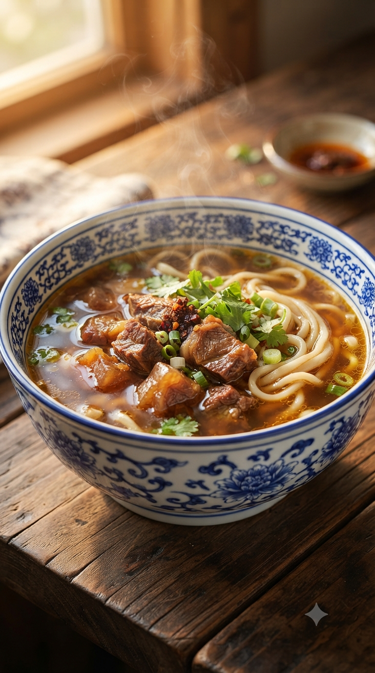 Bol en céramique bleu et blanc traditionnel rempli de niu rou mian fumant, bouillon brun brillant