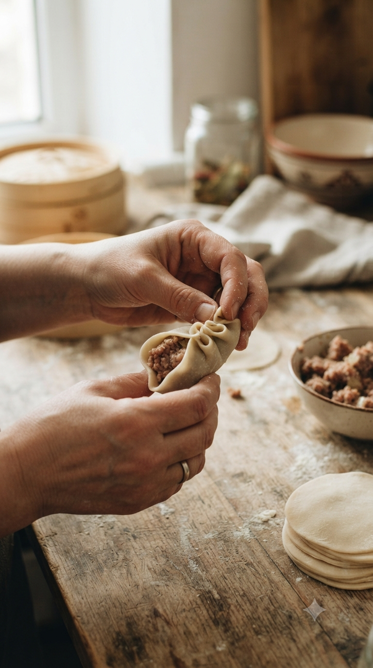 Mains pinçant et scellant la pâte d'un manty autour d'une farce à la viande