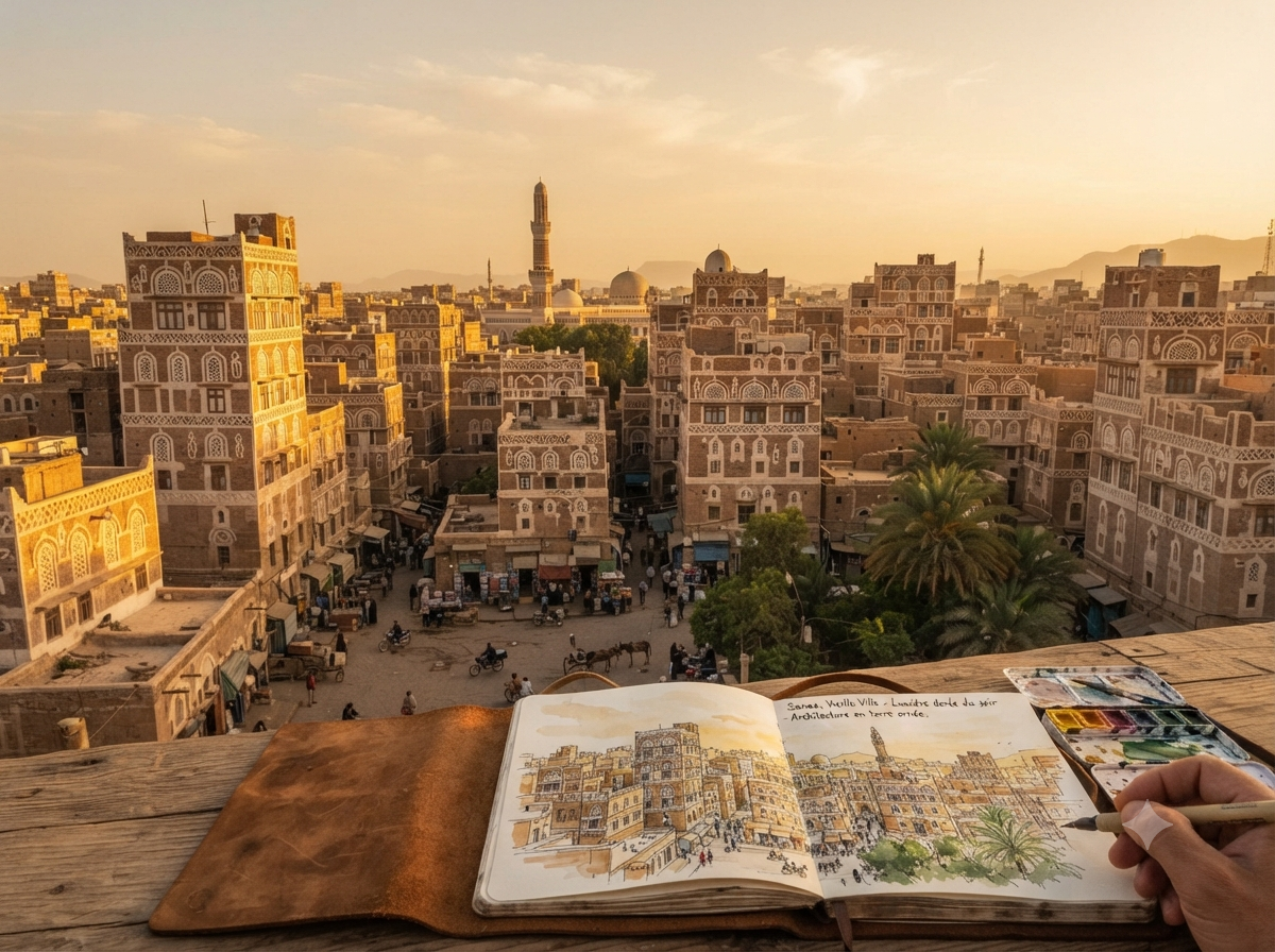 Vieille ville de Sanaa avec architecture en terre ornée caractéristique