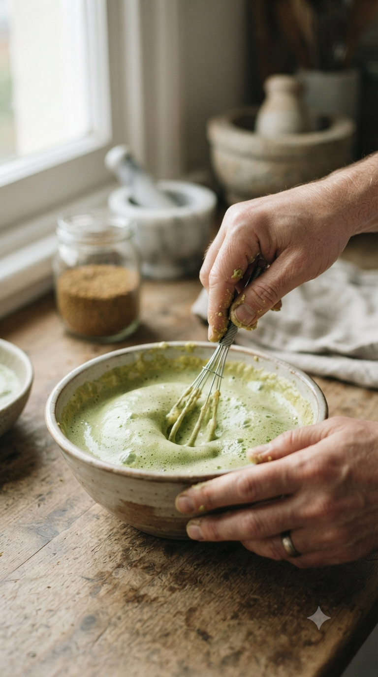 Main battant du fenugrec trempé jusqu'à obtenir une mousse verte dans un bol