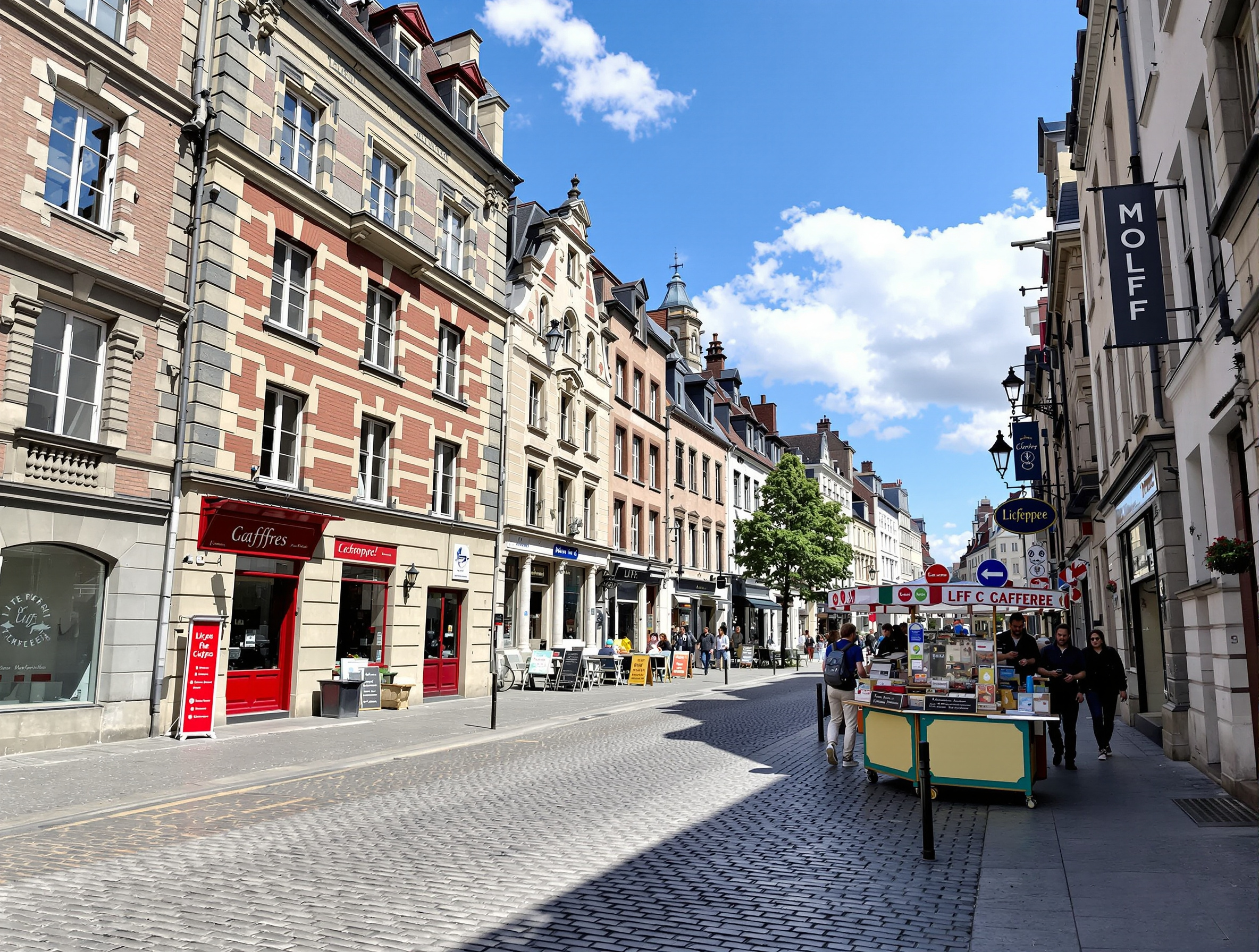Rue pavée du centre historique de Liège avec une échoppe traditionnelle vendant des gaufres