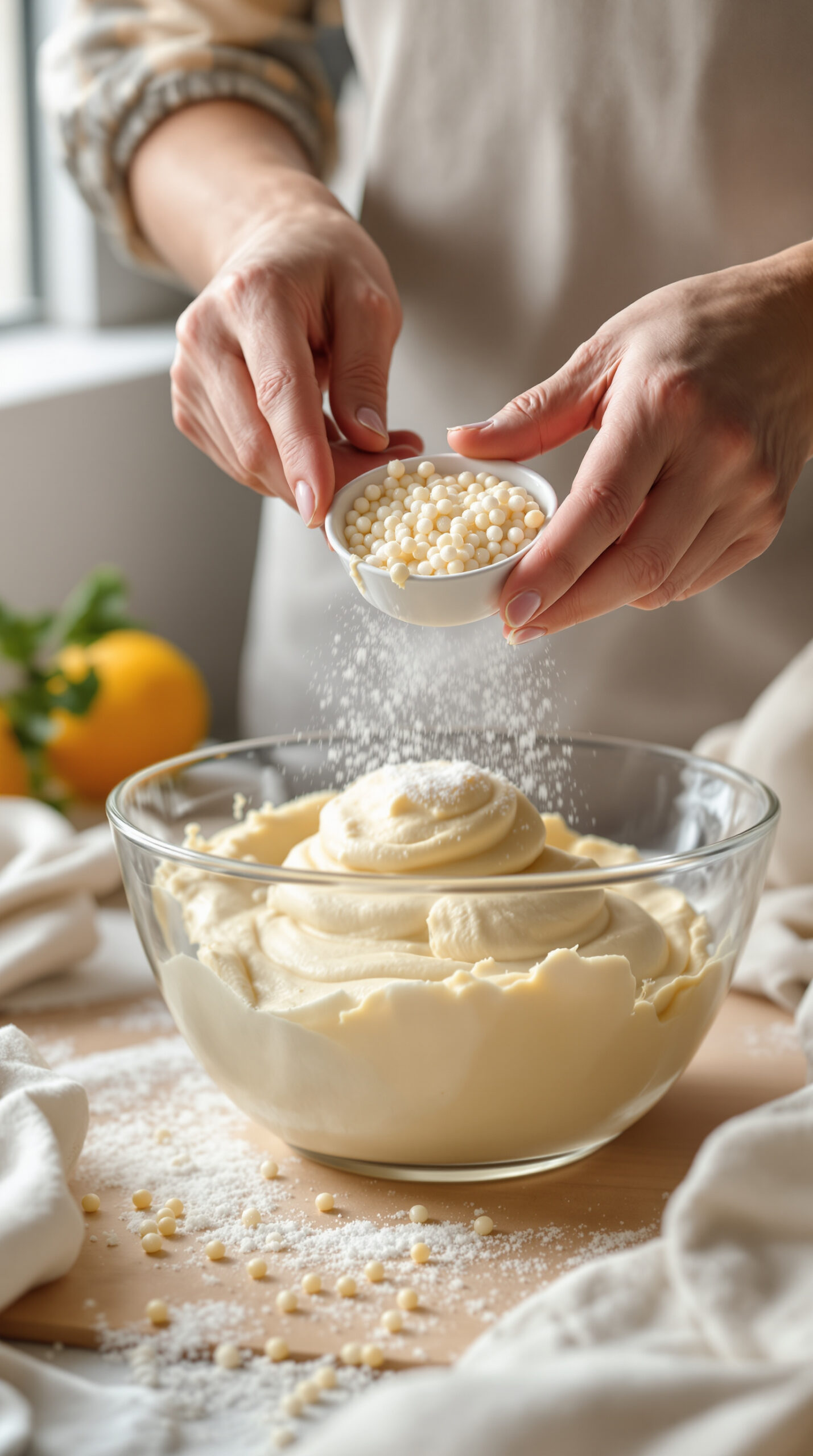 Mains incorporant du sucre perlé dans une pâte levée dorée et souple