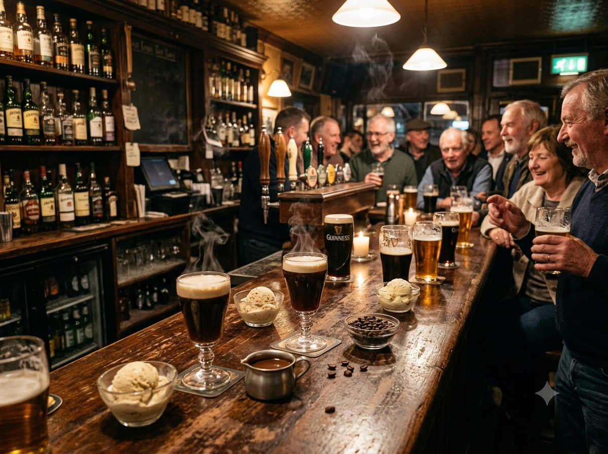 Comptoir en bois foncé d'un pub irlandais en soirée avec verres d'Irish coffee fumants