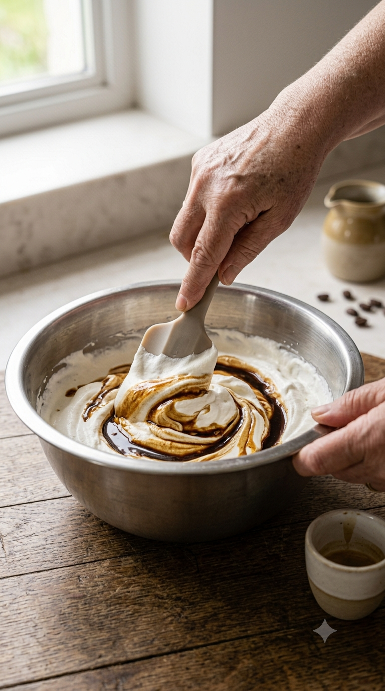 Main incorporant délicatement du café serré à une chantilly ferme dans un bol en inox