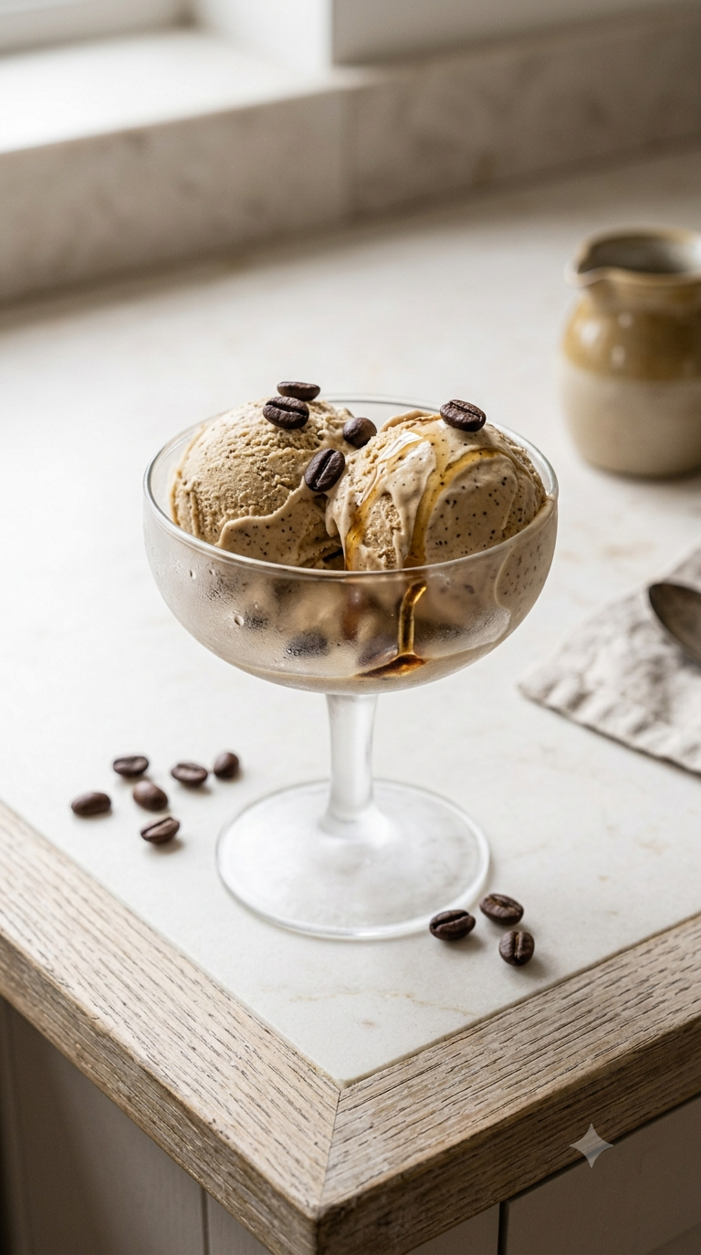 Deux boules de glace au café irlandais crémeuse dans une coupe en verre givré avec grains de café