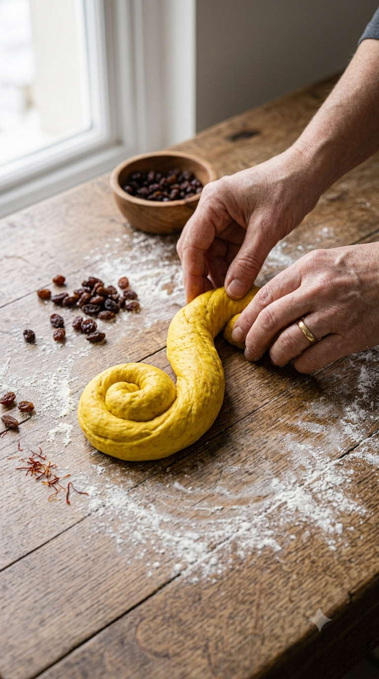 Mains façonnant un boudin de pâte safranée en forme de S sur un plan de travail fariné