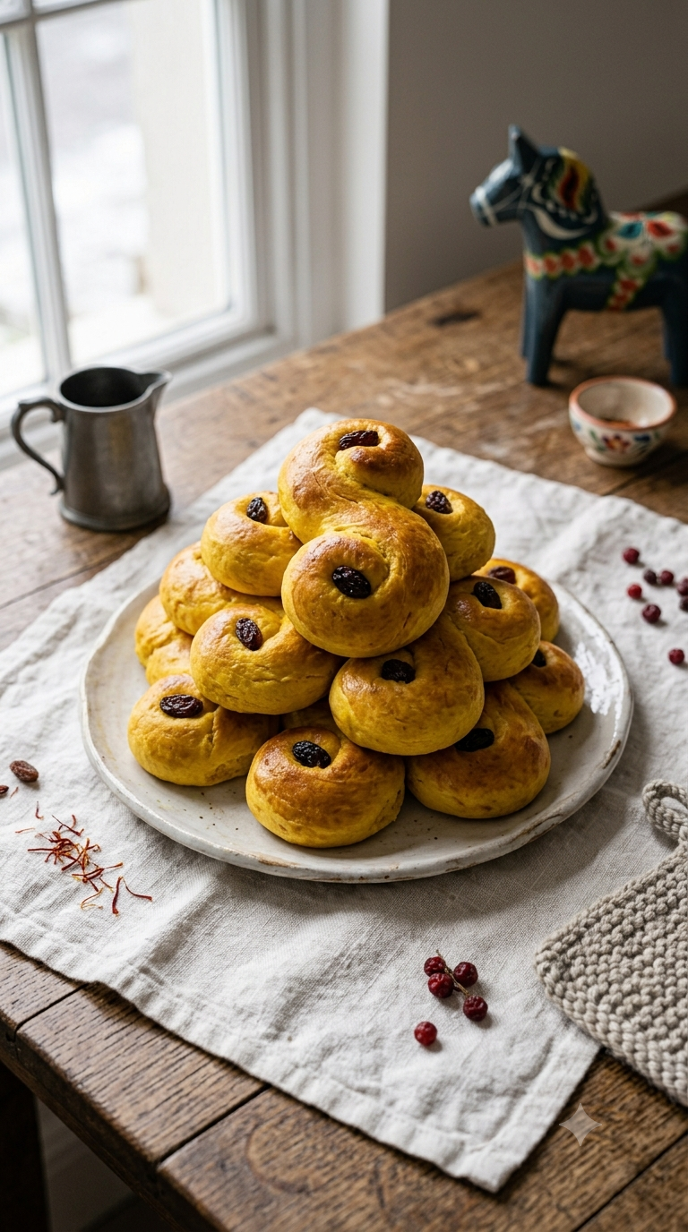 Lussekatter dorés en forme de S, décorés de raisins secs, empilés sur un tissu en lin blanc