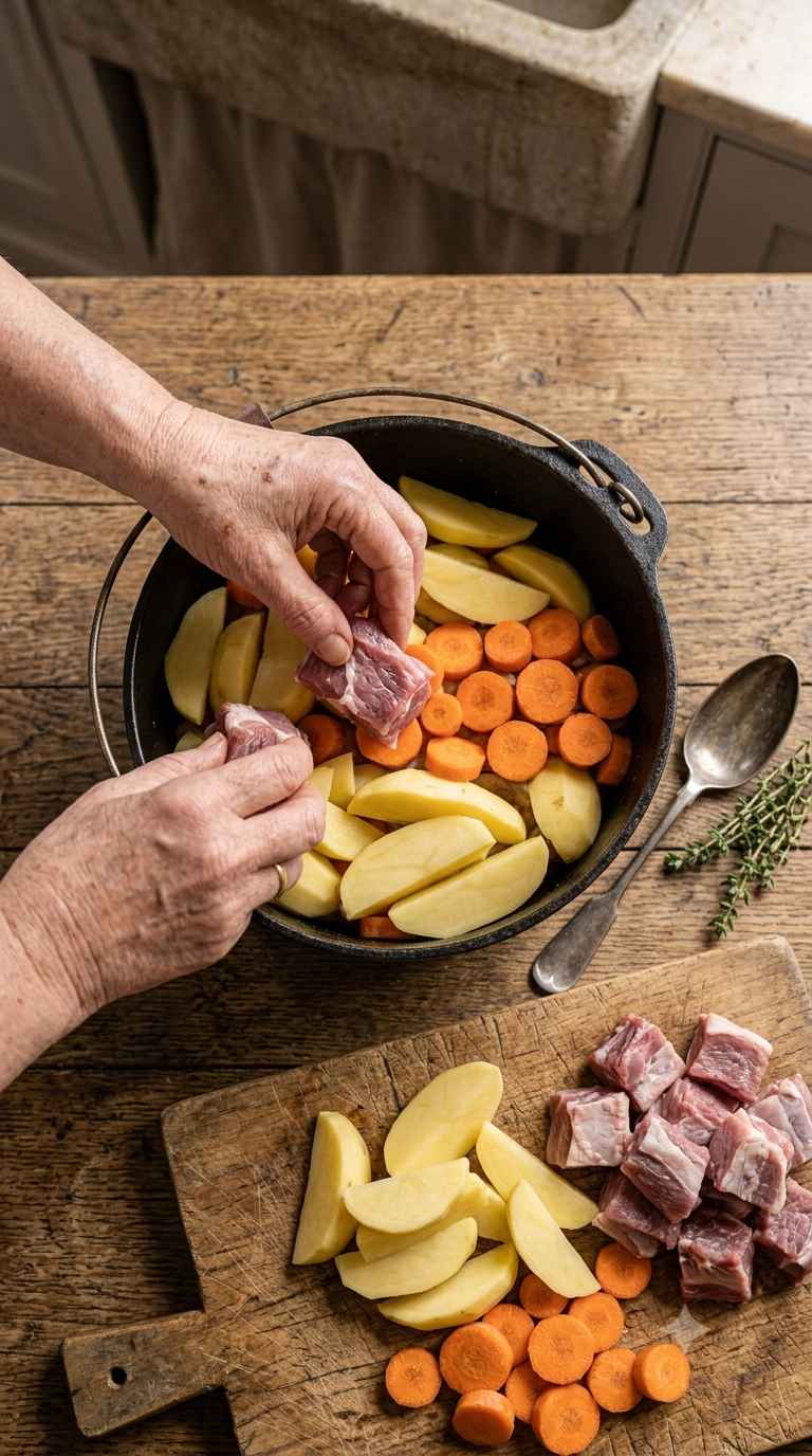 Mains disposant des morceaux d'agneau, pommes de terre et carottes en couches dans une cocotte