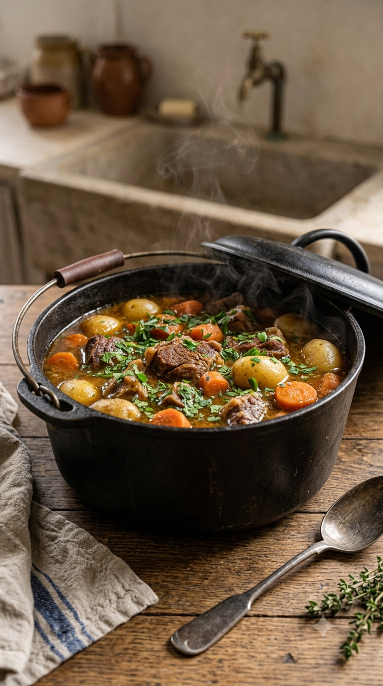 Cocotte en fonte noire remplie d'un ragoût d'agneau fumant avec pommes de terre et carottes