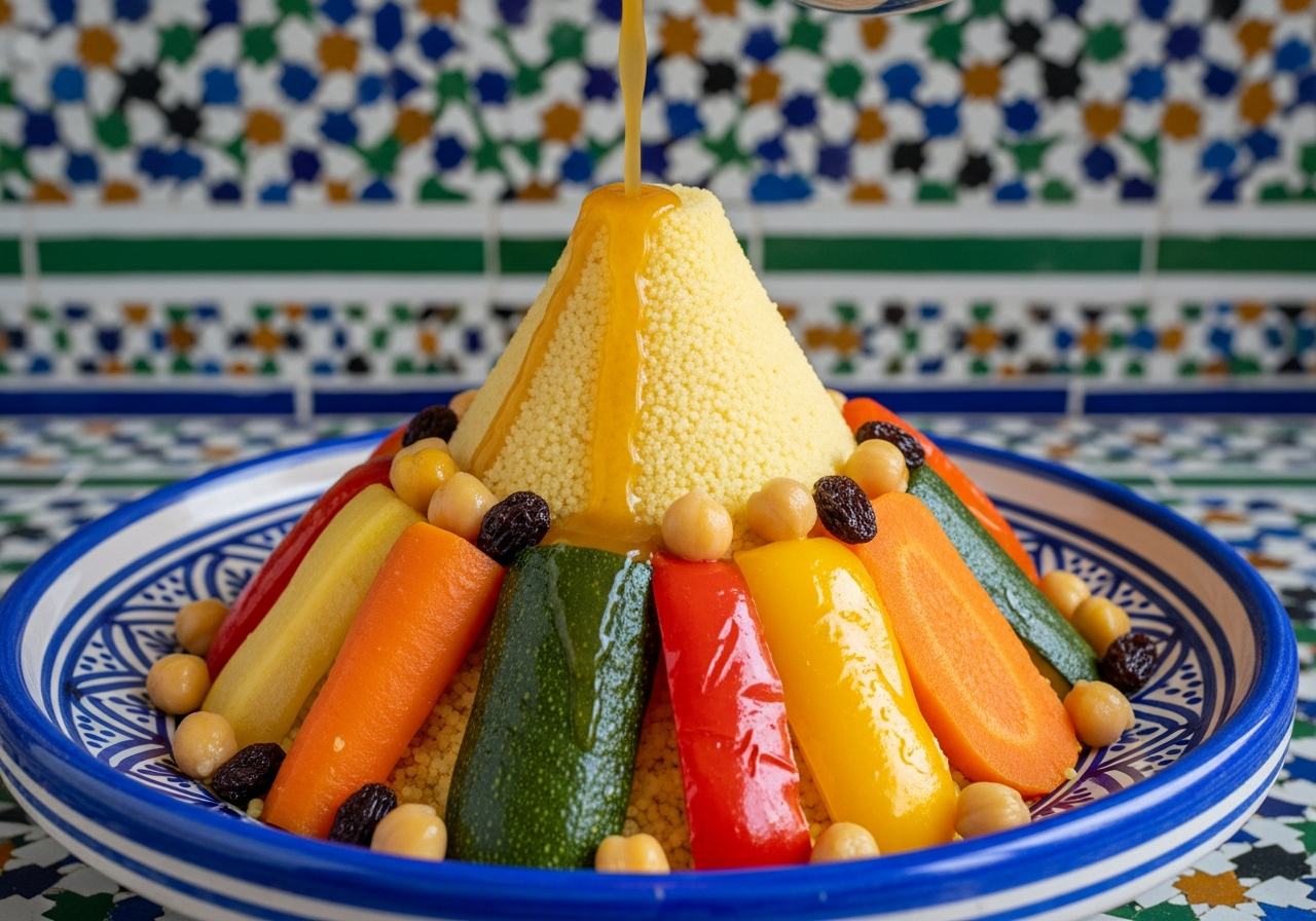 assiette couscous vegetalien marocain dressee legumes bouillon coriandre