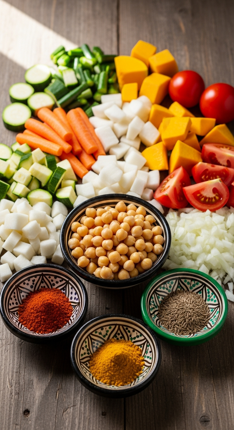 mise en place couscous vegetalien marocain legumes pois chiches epices