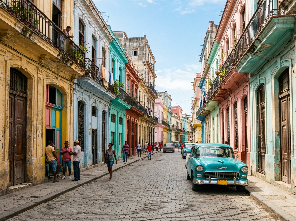 Rue colorée du centre historique de La Havane avec façades pastel et vieille voiture américaine