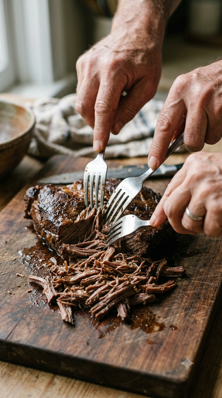 Deux fourchettes effilochant un morceau de bœuf cuit en fines lanières
