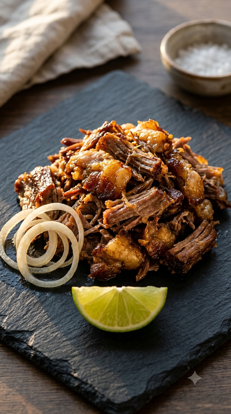 Bœuf effiloché doré et croustillant posé sur une ardoise noire avec oignons et citron vert