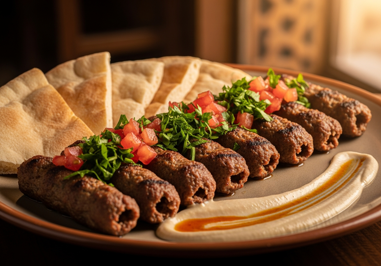 assiette kofta egyptiens pain pita salade tomates sauce yaourt Caire