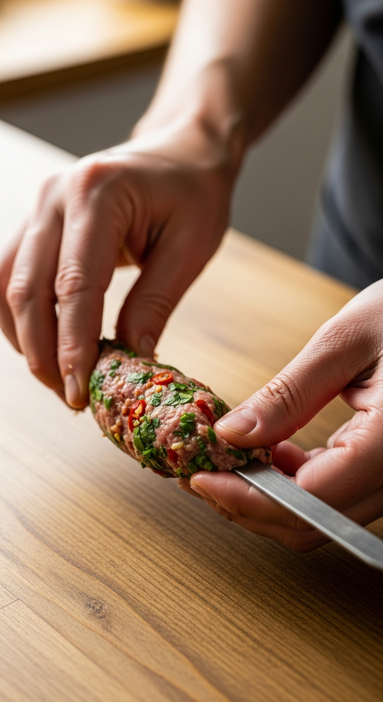 mains faconnant kofta egyptien viande hachee brochette geste artisanal