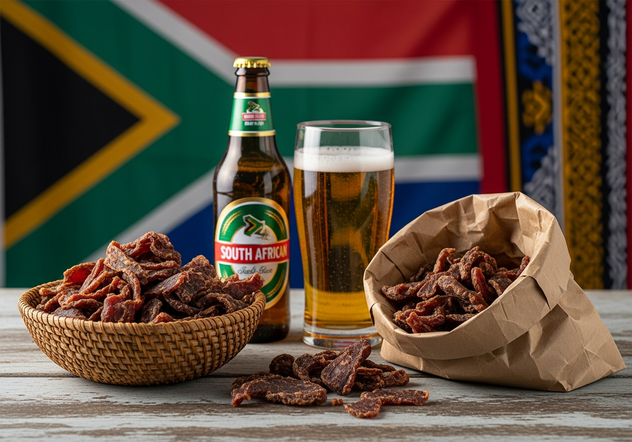 biltong servi morceaux bol kraft biere Afrique du Sud braai