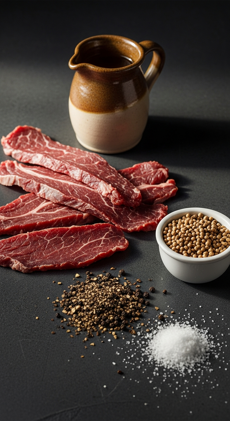 mise en place biltong boeuf vinaigre coriandre poivre sel preparation