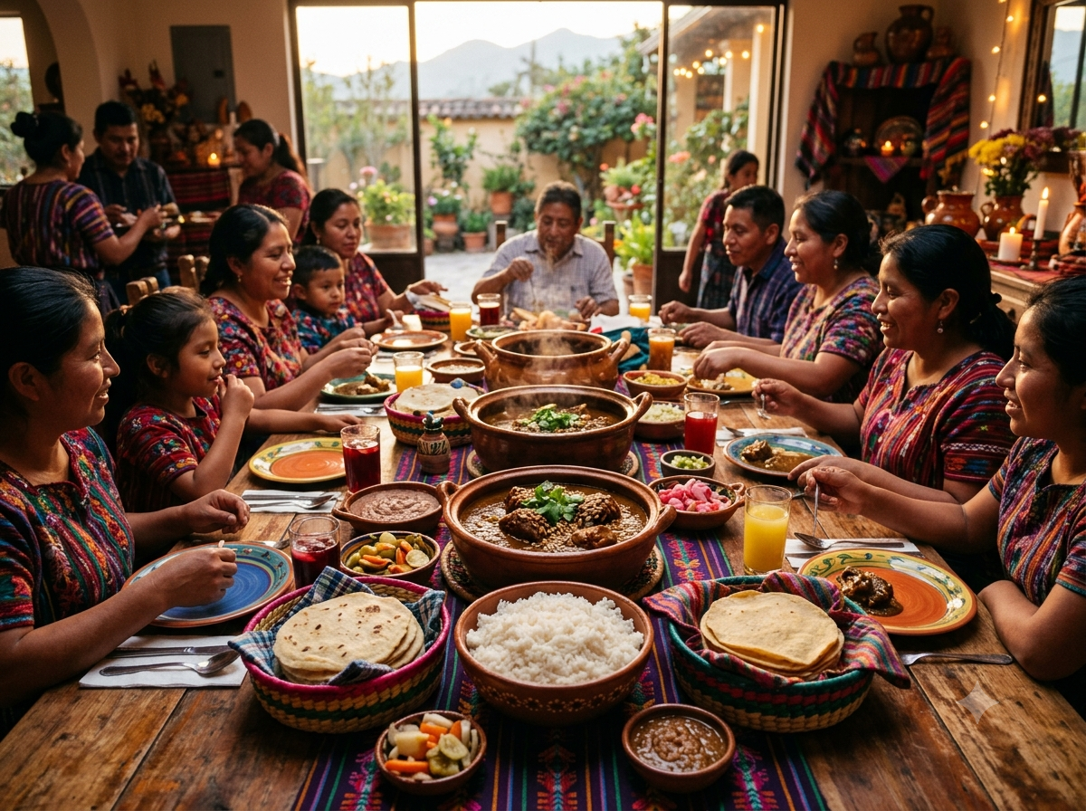 Table de fête guatémaltèque avec plusieurs bols de pepián, tortillas de maïs et riz blanc
