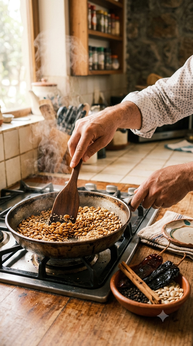 Mains remuant à la spatule des graines de sésame et de courge dorées dans une poêle chaude