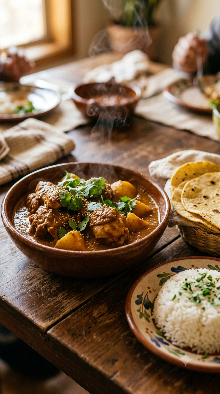 Bol de pepián fumant, poulet et pommes de terre nappés d'une sauce épaisse brun-rouge