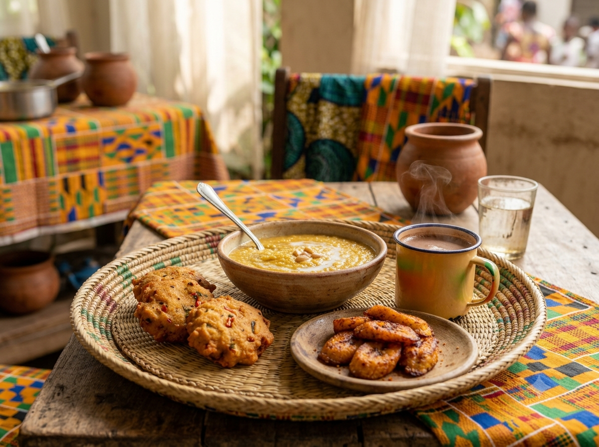 Scène de petit-déjeuner traditionnel au Ghana avec kooko et koose