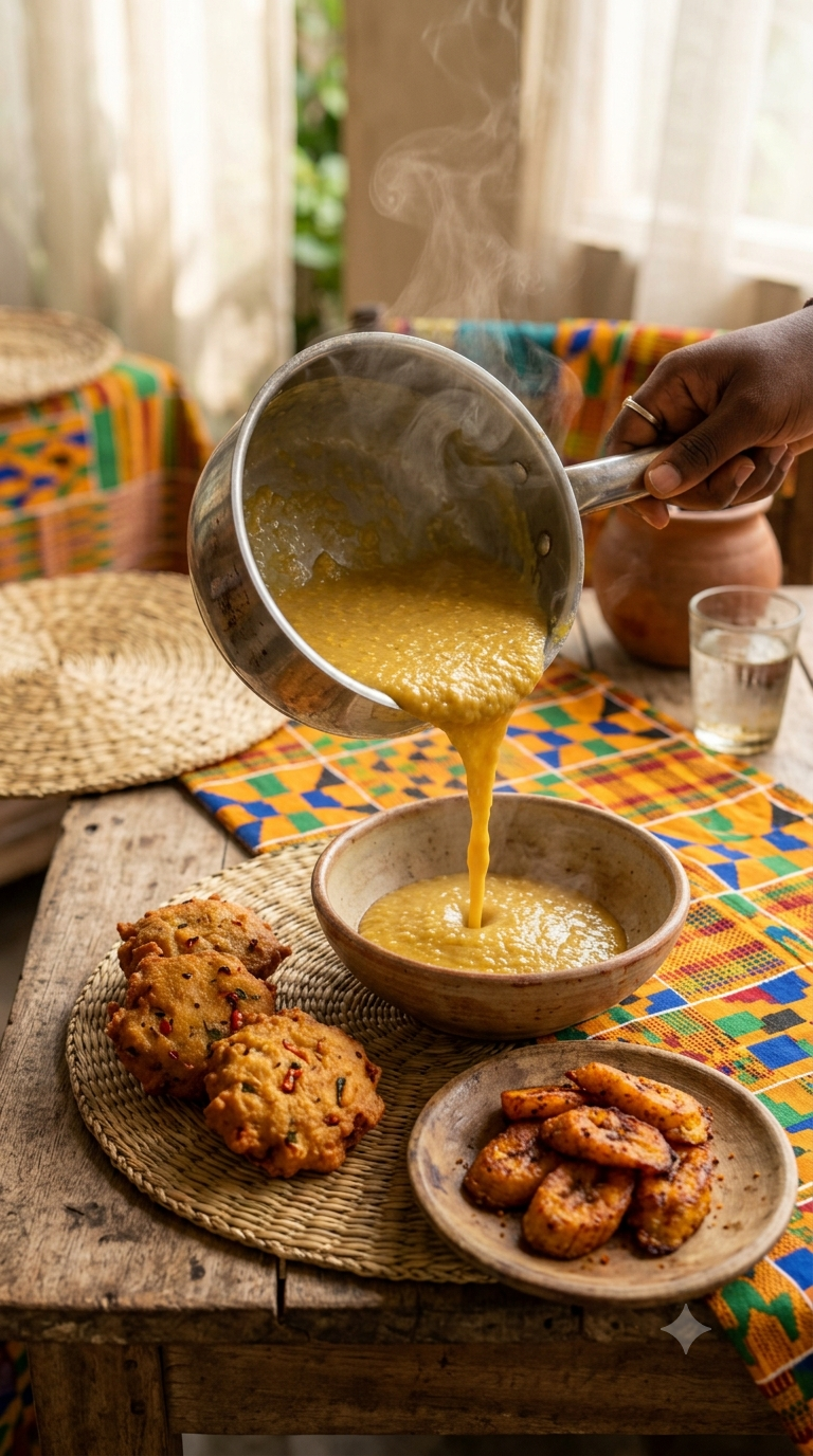 Main remuant la bouillie de mil fermenté épaissie au gingembre dans une casserole