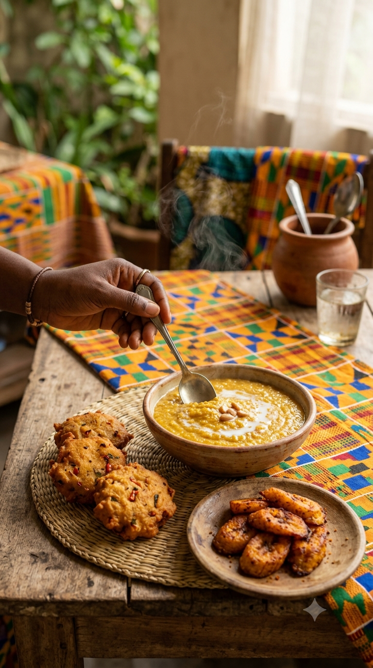Bol de kooko fumant, bouillie de mil fermenté épicée au gingembre, avec koose doré
