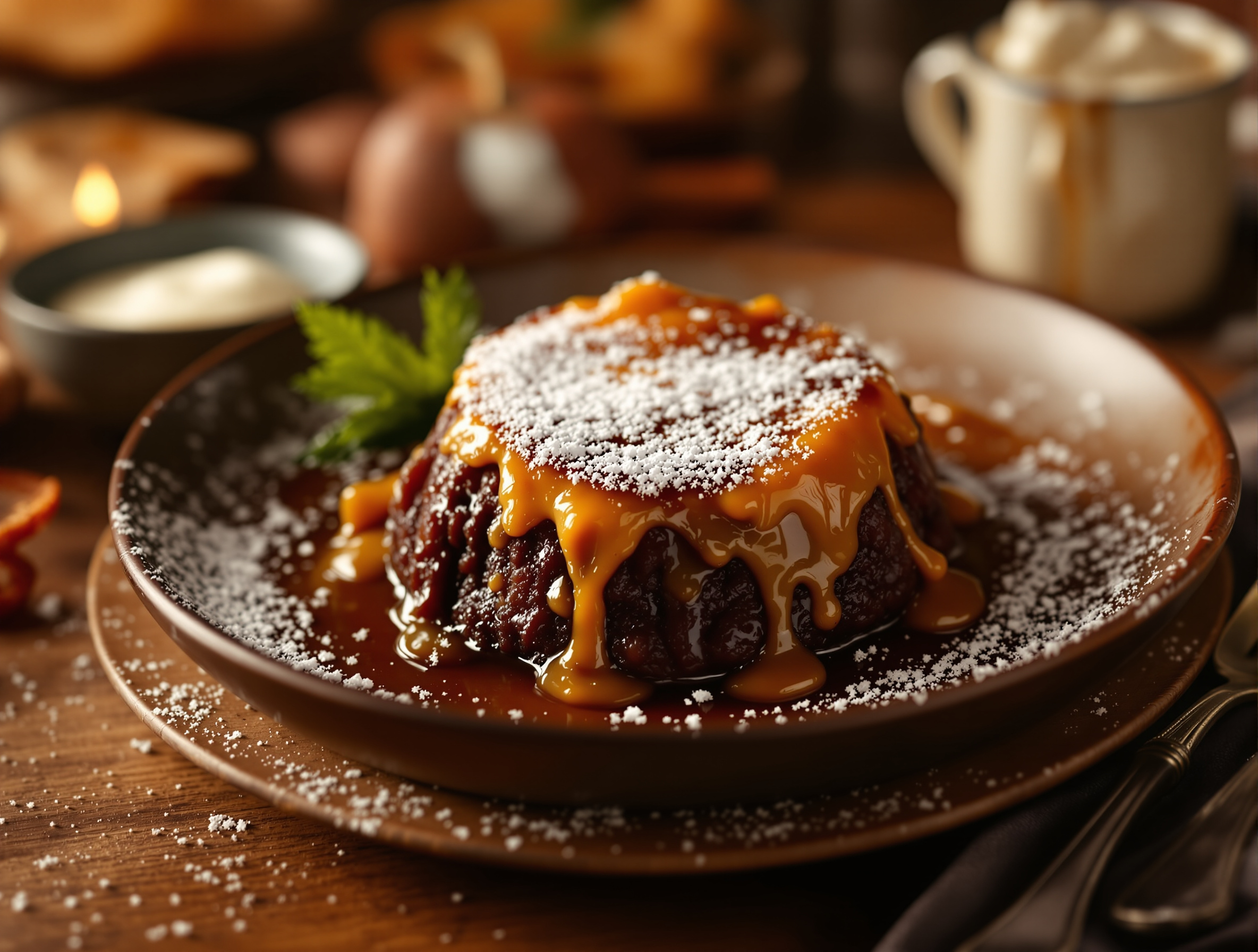 Table sud-africaine dressée avec un pudding malva servi en dessert