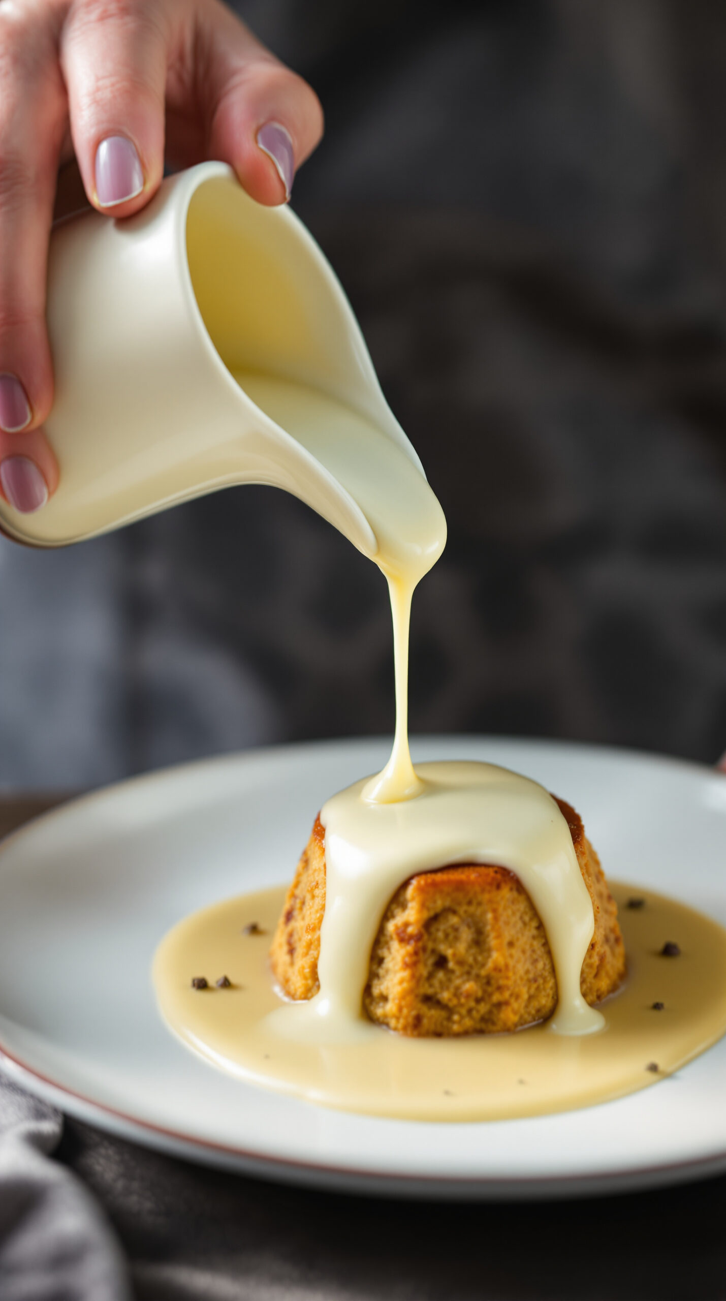 Main versant une sauce chaude au beurre et à la crème sur le gâteau encore tiède