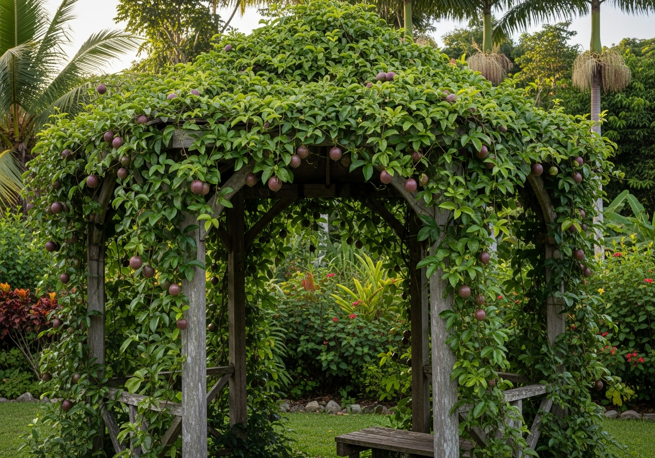 Tonnelle de jardin en Nouvelle-Calédonie couverte de lianes de fruits de la passion