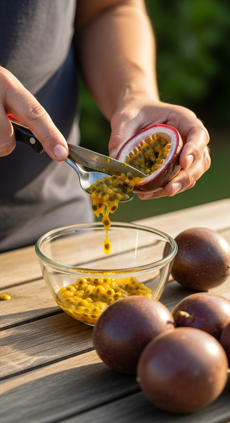 Mains ouvrant un fruit de la passion et prélevant la pulpe à la cuillère