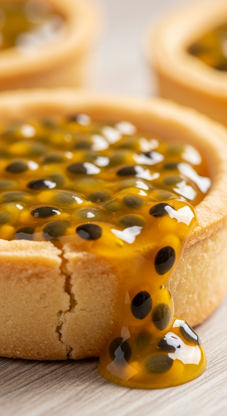 Tartelette au fruit de la passion garnie d'un coulis brillant parsemé de graines noires