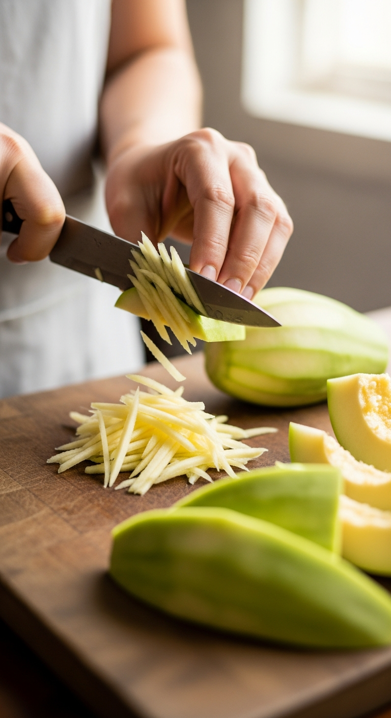Mains taillant une papaye verte épluchée en fine julienne au couteau