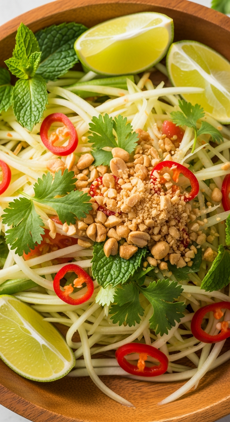 Salade de papaye verte calédonienne fraîchement dressée, julienne claire, piment rouge et herbes fraîches