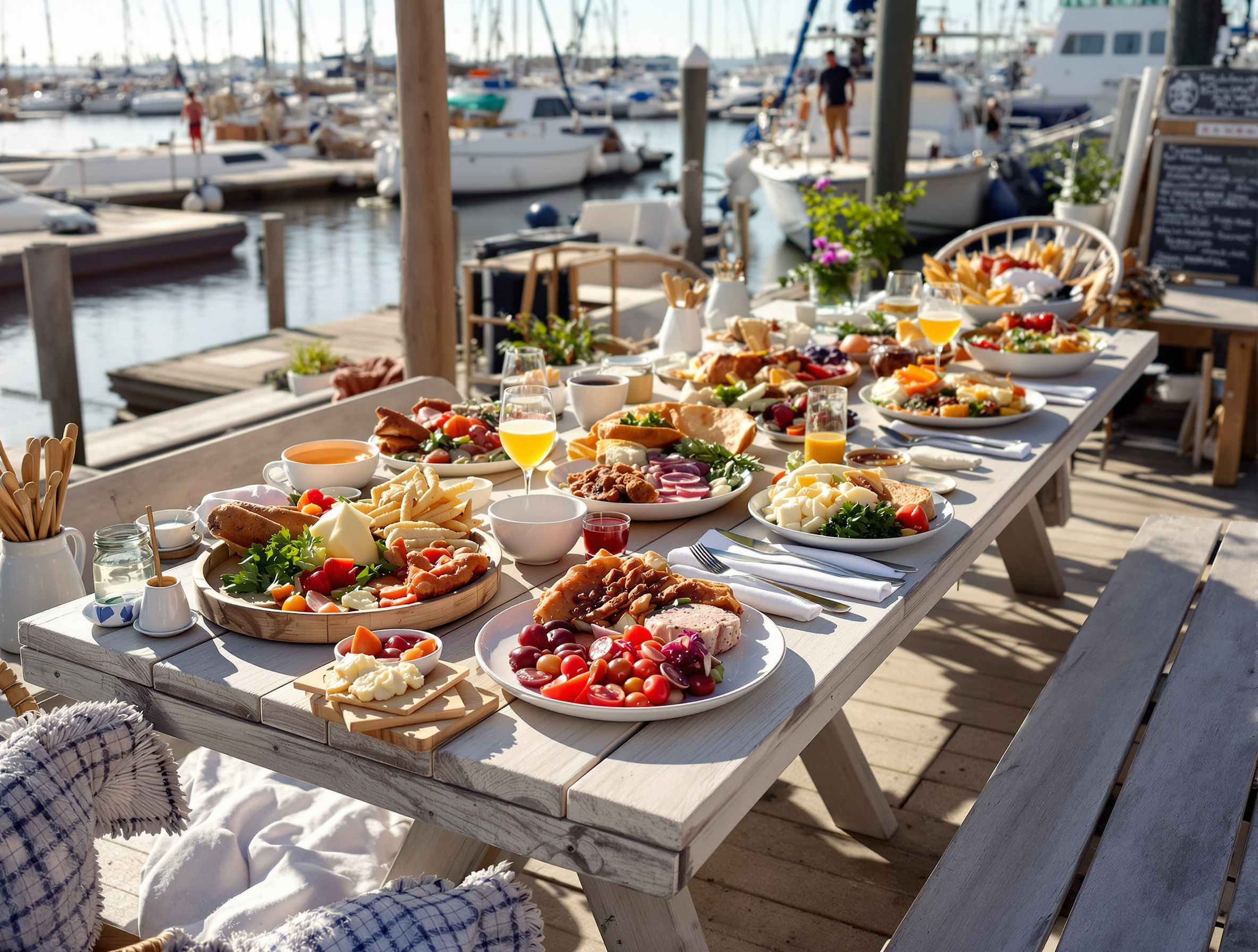 Table en bois blanchi en extérieur près d'un port danois avec plusieurs assiettes de smørrebrød partagées