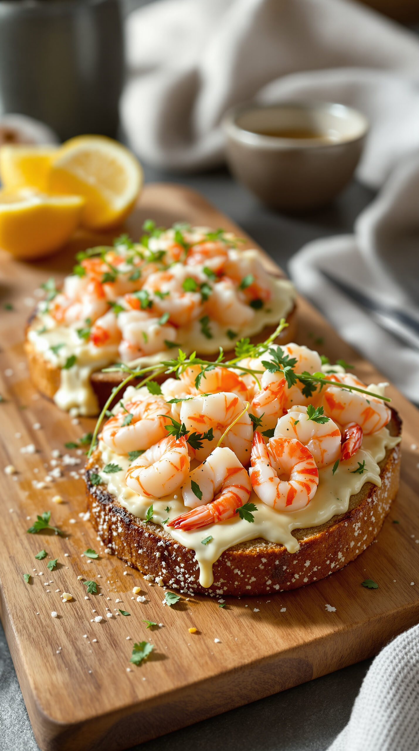 Tartine de smørrebrød sur pain de seigle danois garnie de crevettes nordiques et d'aneth frais