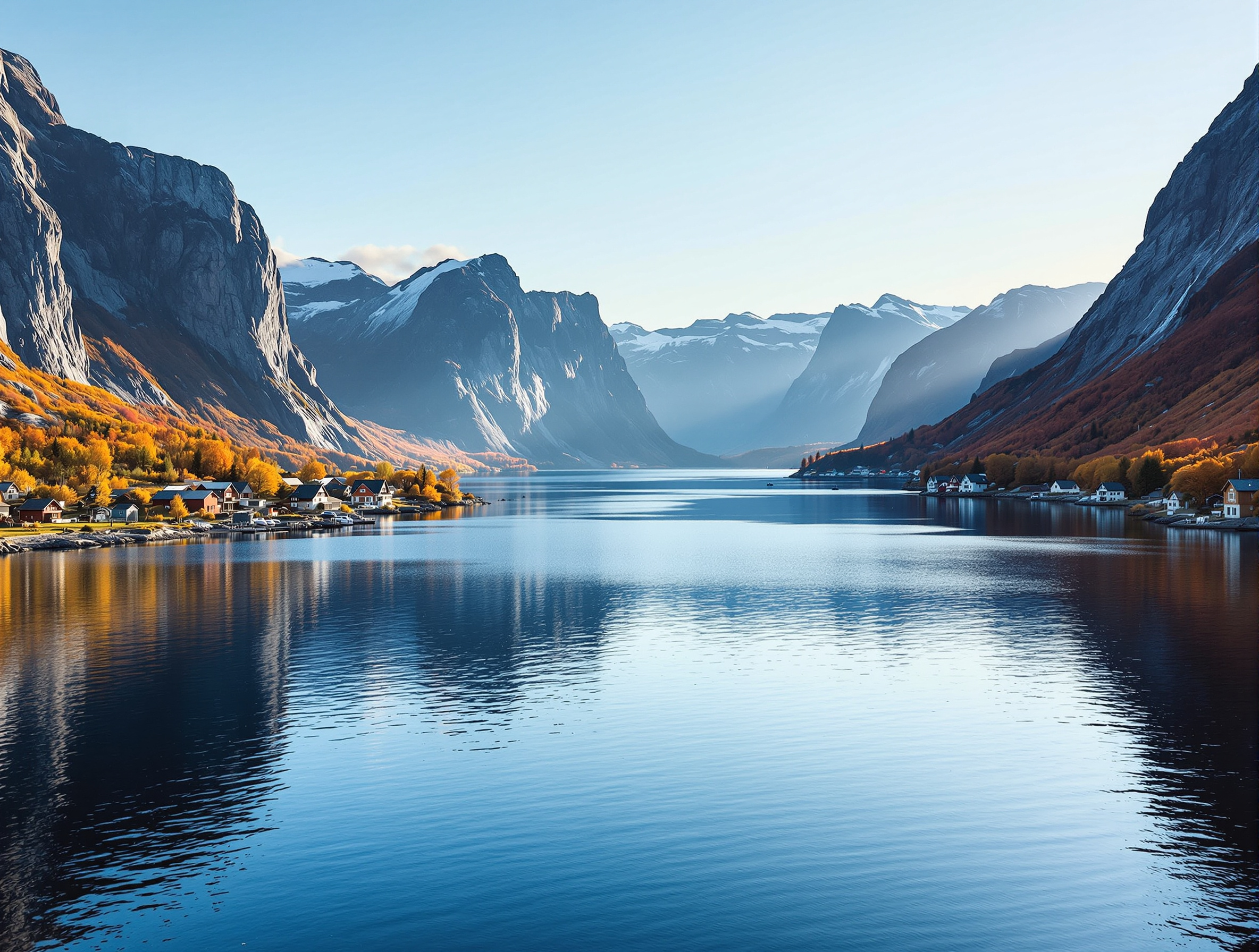 Fjord norvégien en automne avec montagnes abruptes et maisons en bois coloré le long de la rive
