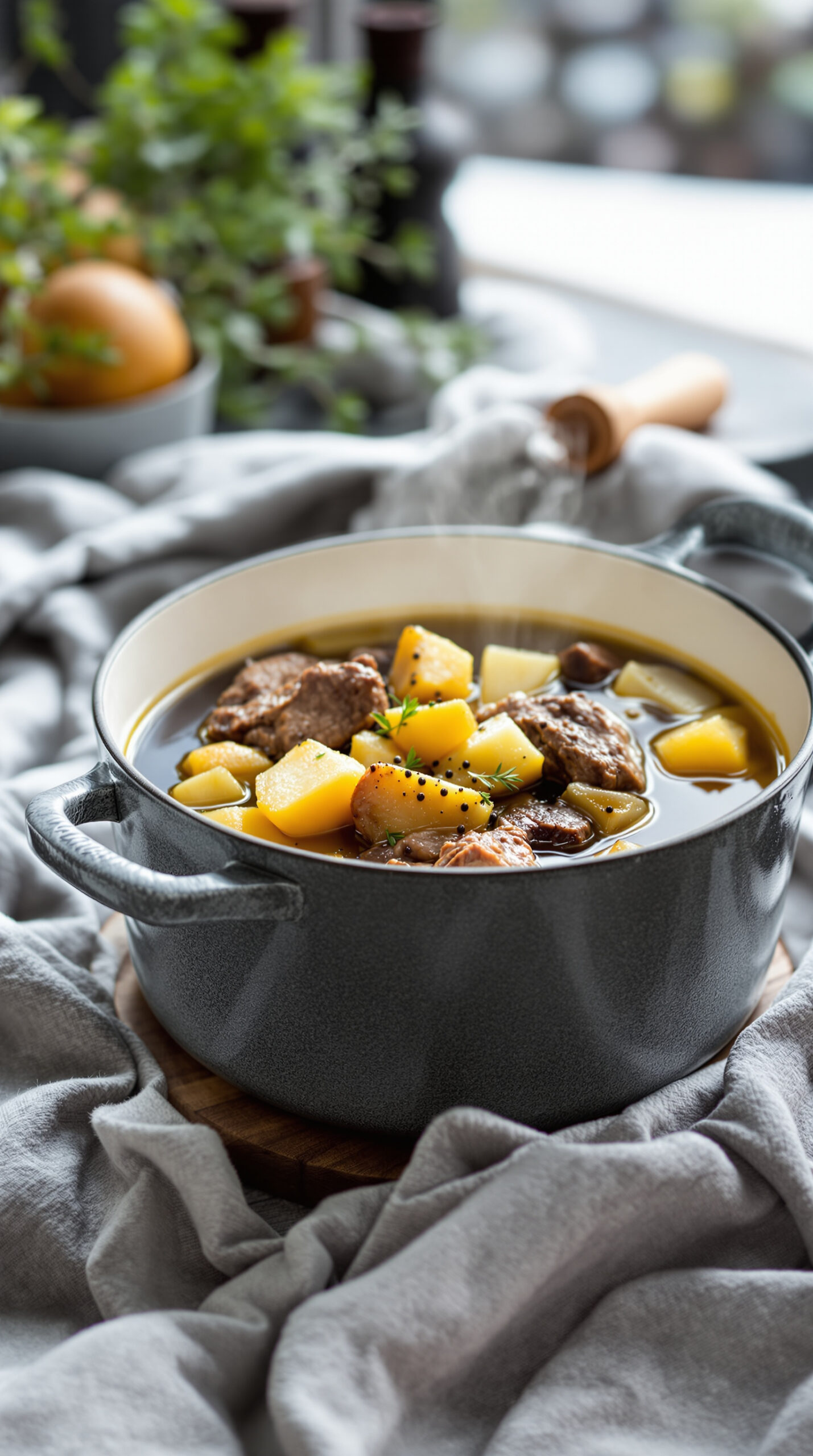 Cocotte en fonte grise remplie d'un ragoût de mouton et de chou fumant avec grains de poivre