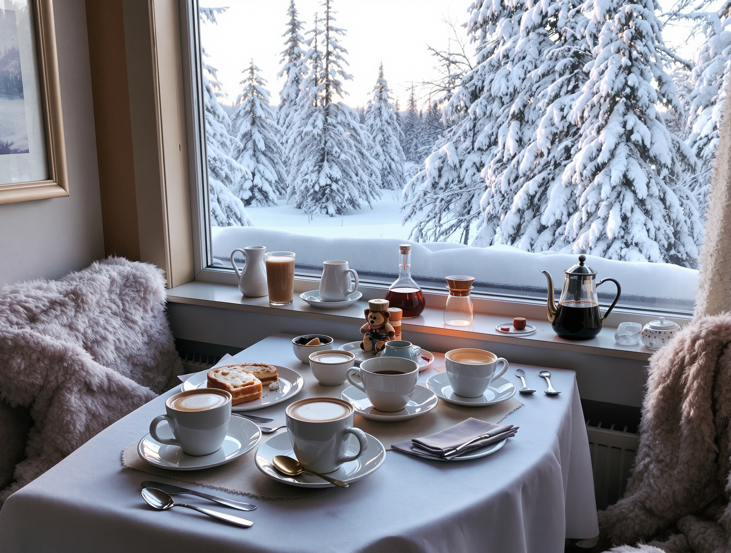 Table finlandaise dressée avec des karjalanpiirakka et du café chaud