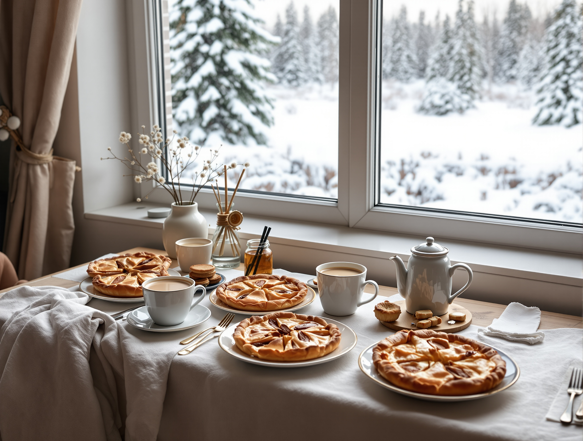Table de petit-déjeuner finlandaise près d'une fenêtre enneigée avec karjalanpiirakka et café chaud