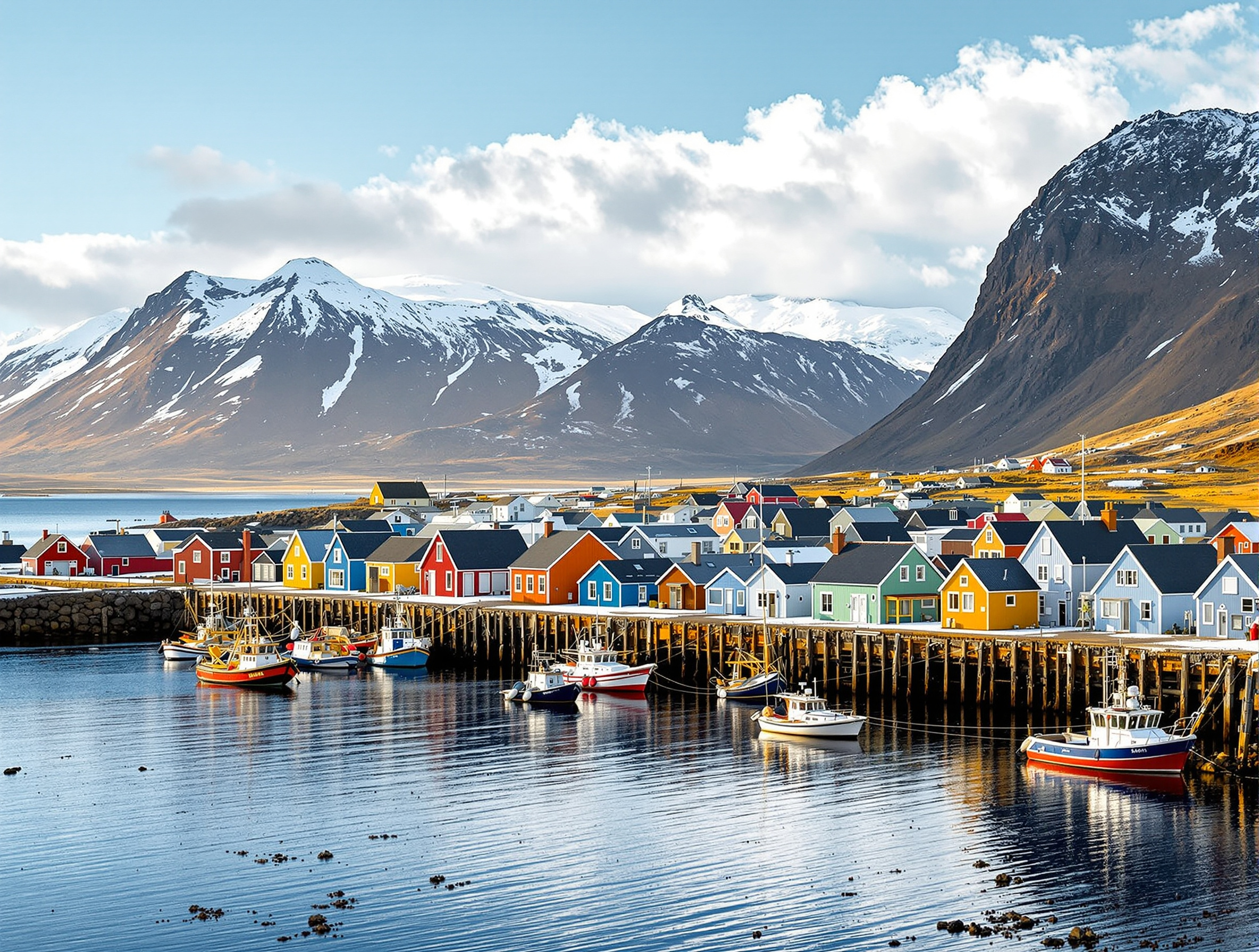 Village de pêcheurs islandais avec maisons colorées, bateaux de pêche et montagnes volcaniques
