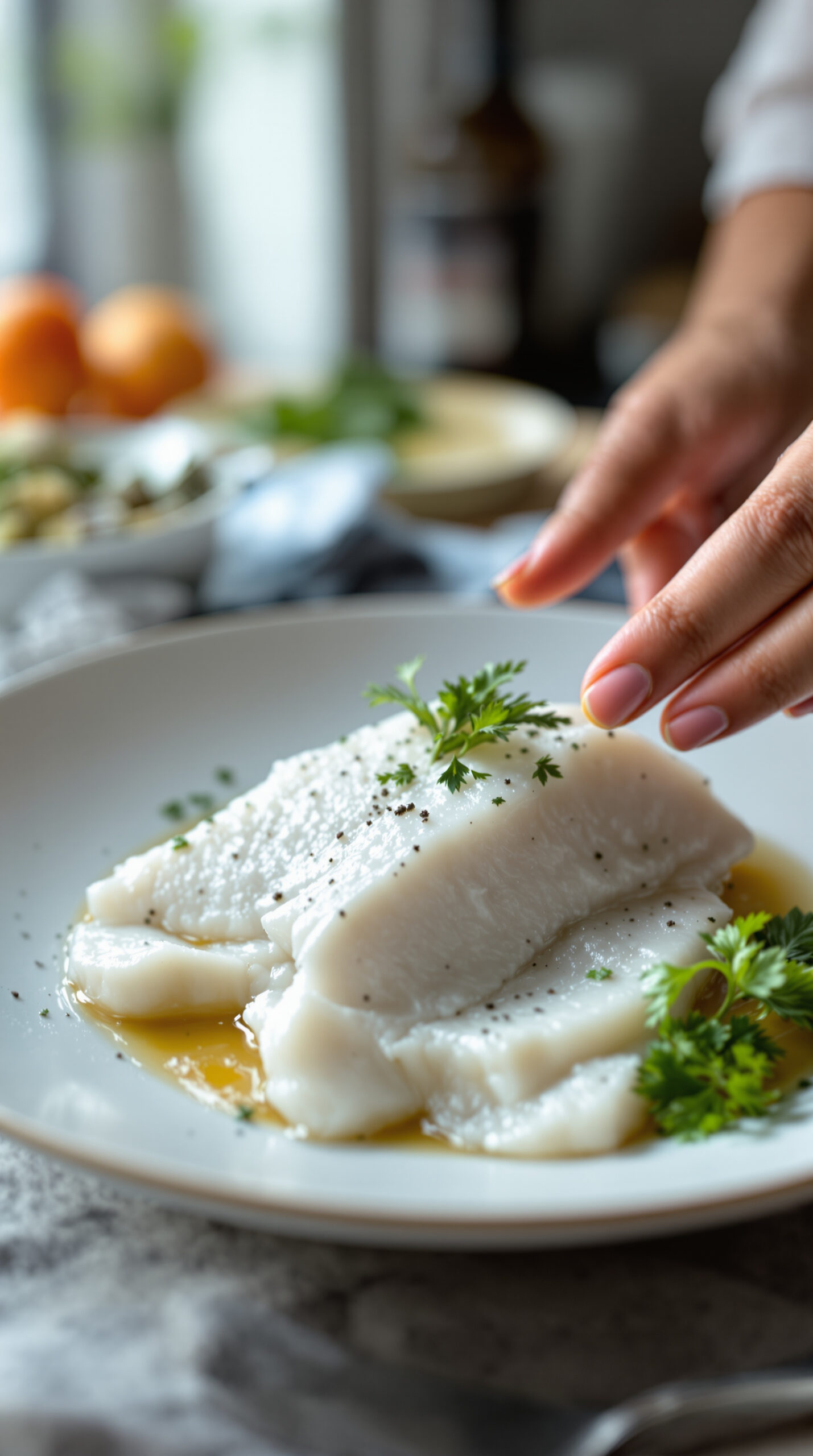 Mains effeuillant délicatement un filet de poisson blanc poché en gros morceaux