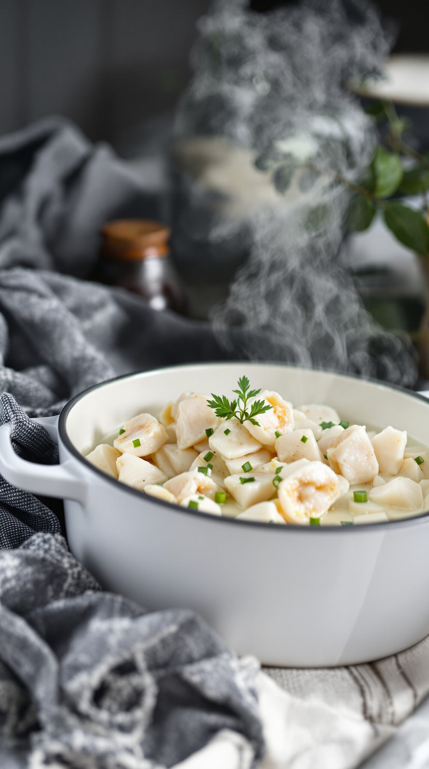 Cocotte en fonte blanche remplie de plokkfiskur fumant avec morceaux de poisson blanc visibles