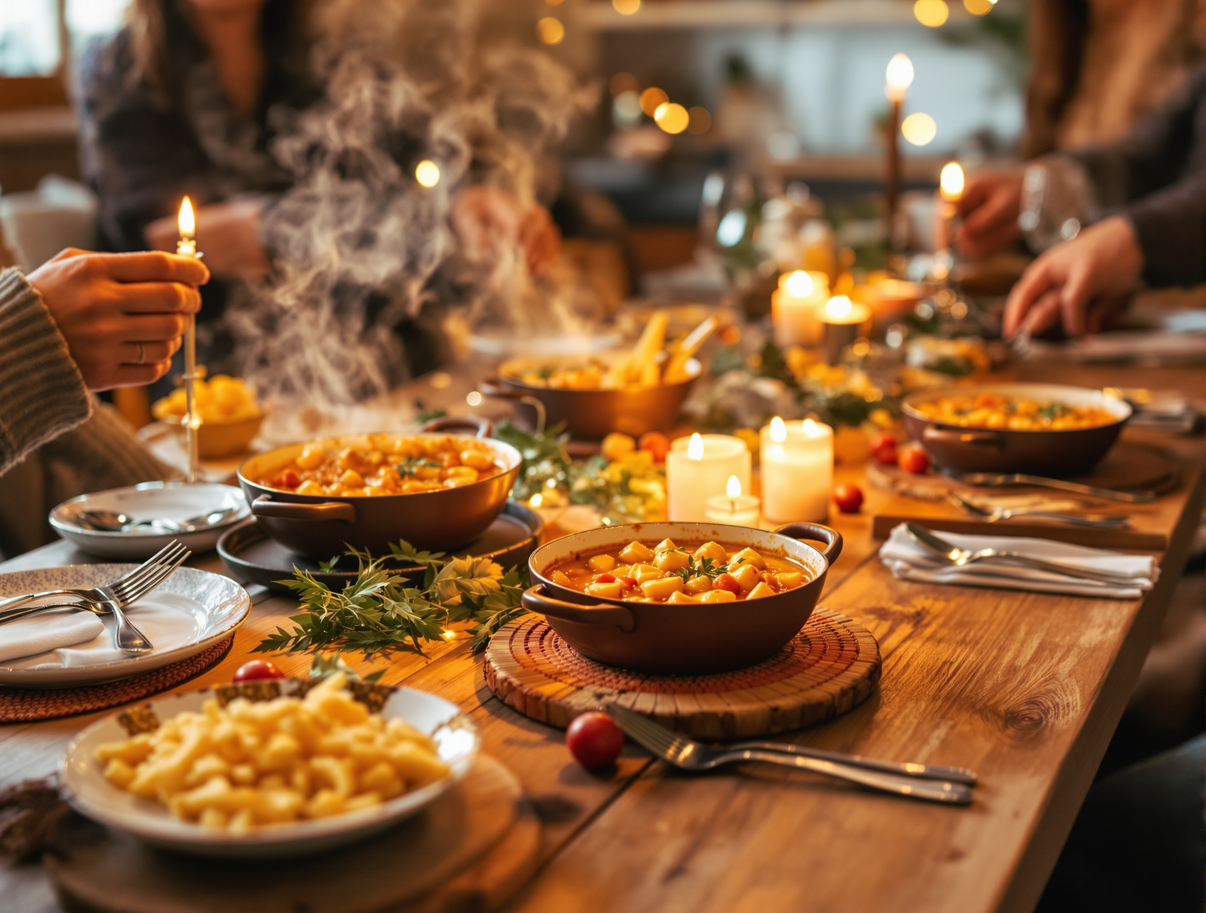 Table en bois foncé dressée pour un repas familial lituanien avec plusieurs assiettes de cepelinai fumants